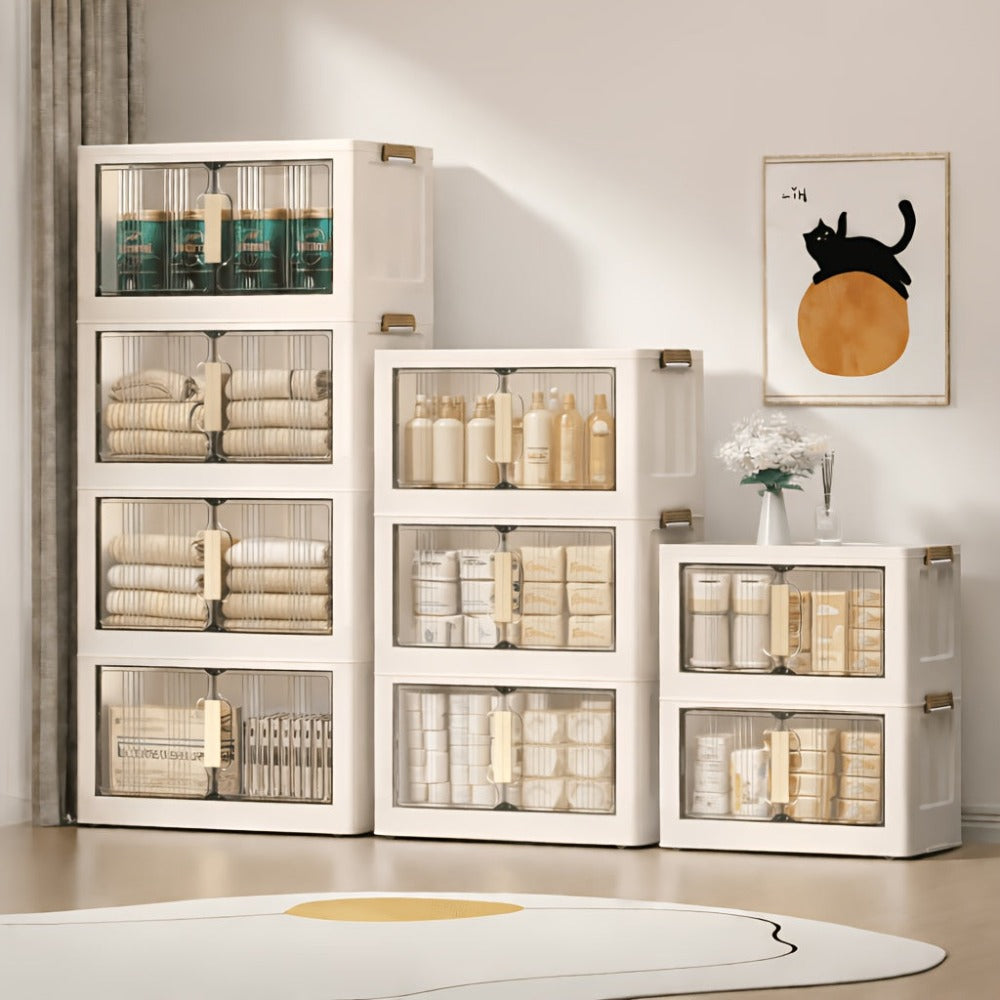 Armario de almacenamiento plegable extragrande de 74 cm con ruedas, puertas magnéticas y paneles transparentes, unidad organizadora de plástico apilable para dormitorio, sala de estar, oficina, despensa y documentos