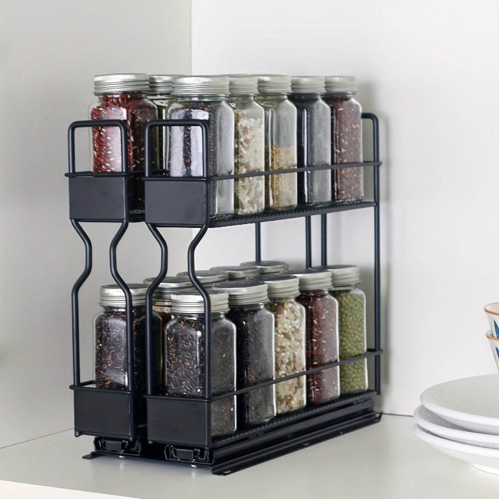 1 pza. Estante extraíble para especias de cocina con doble deslizamiento en color negro - Almacenamiento de especias que ahorra espacio con estante multiusos para encimera y armario - Amplía el almacenamiento con doble capa y elegante acabado en negro
