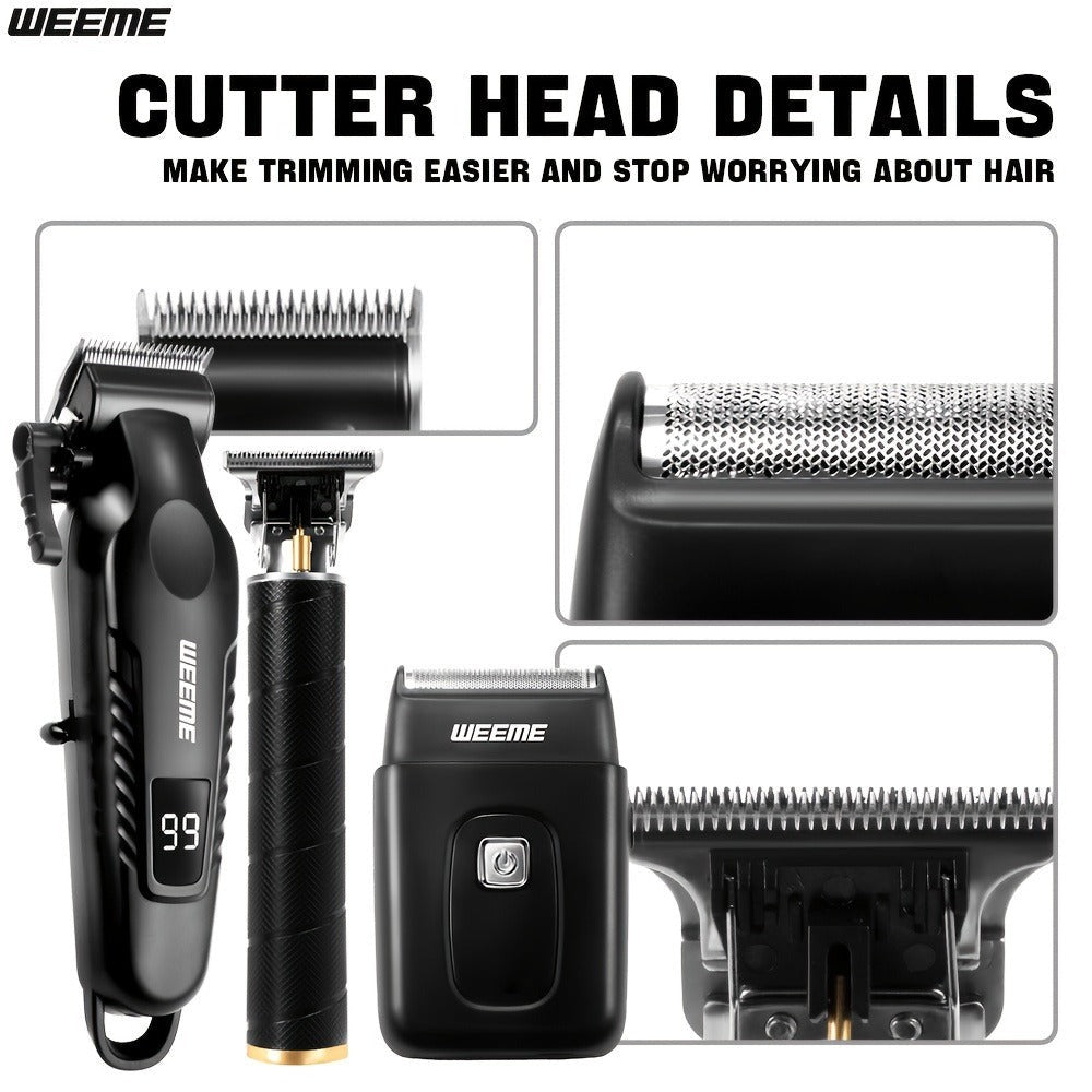 Kit de aseo eléctrico WEEME para hombre, , 3 piezas - Cortapelos + Recortador de barba + Máquina de afeitar eléctrica, carga USB, pantalla LCD de nivel de batería, ideal para peinado/afeitado/esculpir, uso en casa y viajes familiares en coche, regalo del