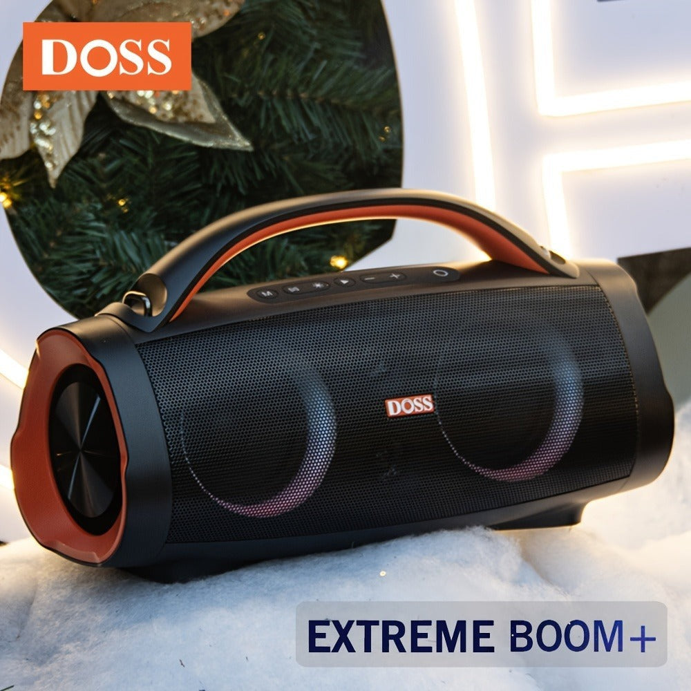 Altavoz de exterior DOSS 100W Bluetooth 5.3 con sonido estéreo, graves potentes, 20 horas de reproducción, banco de energía de 10400mAh, luz de fiesta de colores mixtos, IPX6, altavoz portátil para camping