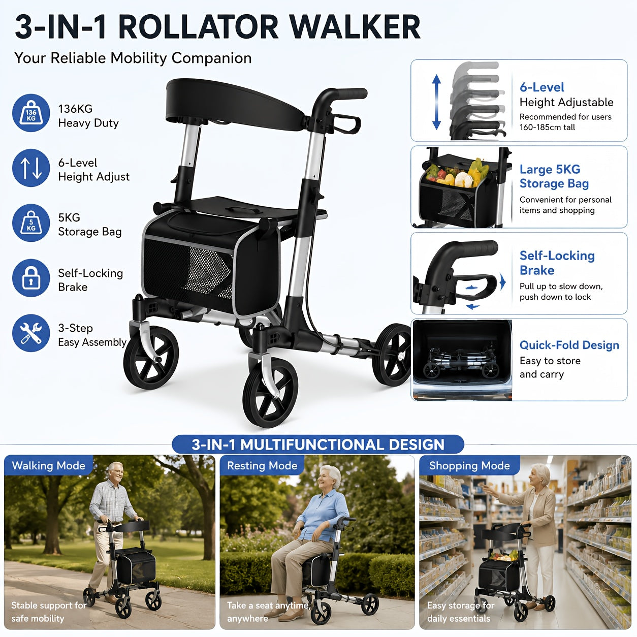 Andador rollator plegable con asiento 136.08 kg 20.32 cm | Movilidad, paseo y apoyo diario