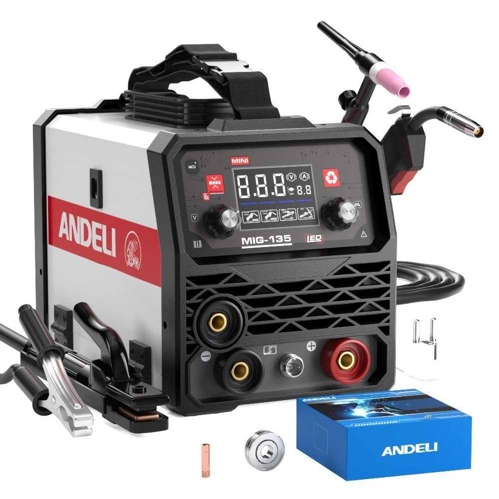 ANDELI 135Amp Máquina de Soldar MIG Flux Mig/Lift Tig/Stick 3-En-1 230V Portátil Sin Gas Multiproceso Soldadora Pantalla Digital LED Máquina de Soldar Inversor IGBT con Soplete Tig