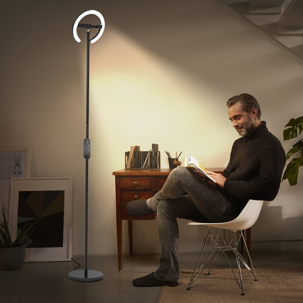 Lámpara de pie para sala de estar, 36 W LED con control remoto, doble anillo giratorio de 312°, luz ajustable de 1900 K a 6500 K, 3 modos de iluminación, adecuada para lámparas de pie modernas en dormitorios, oficinas y hoteles, 192 cm, negro