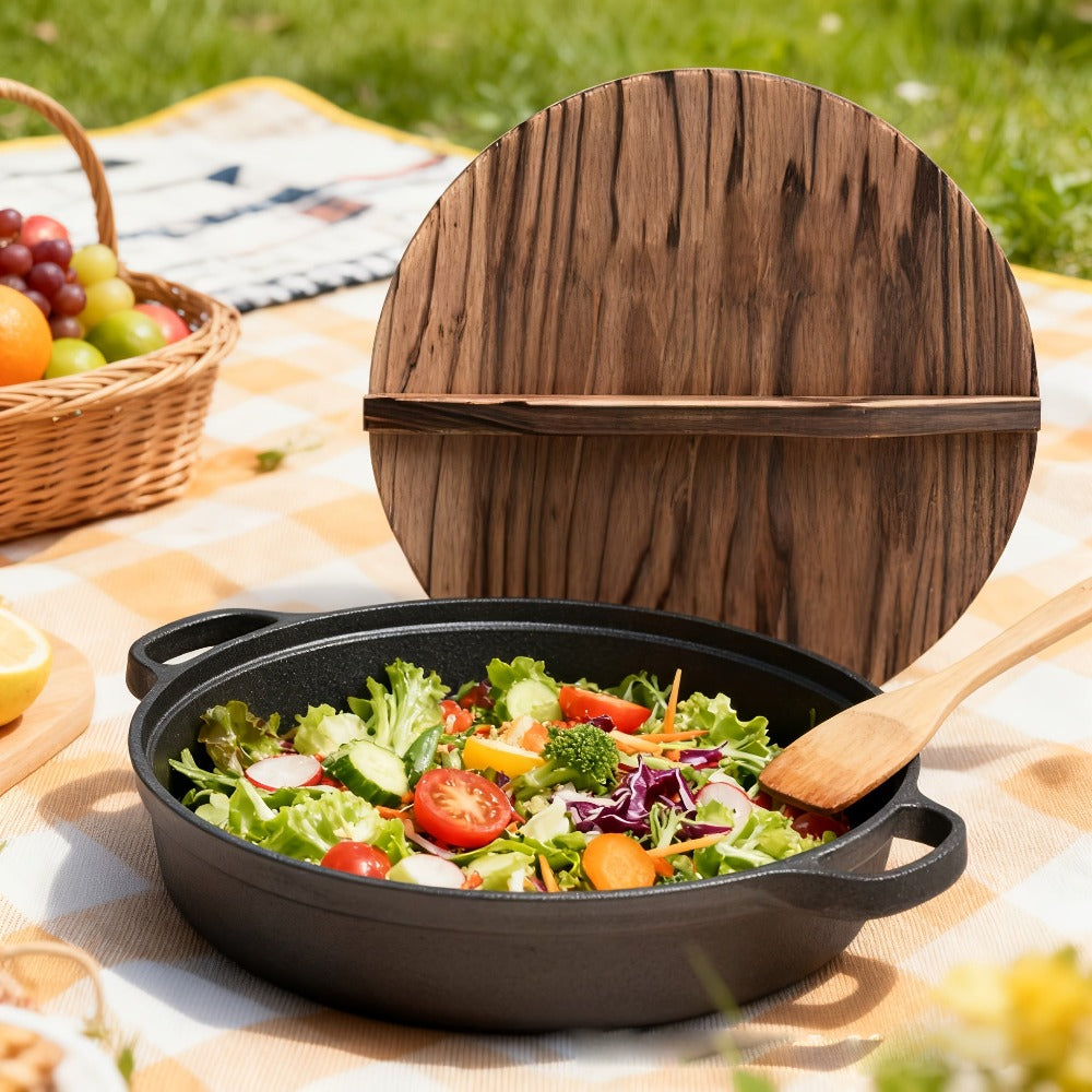 Olla de hierro fundido de 25CM con doble asa y tapa de madera, material de hierro fundido de alta calidad, conducción de calor uniforme, compatible con vaporización, fritura, estofado y hervido, apta para cocinas de inducción, estufas de cerámica y fuego