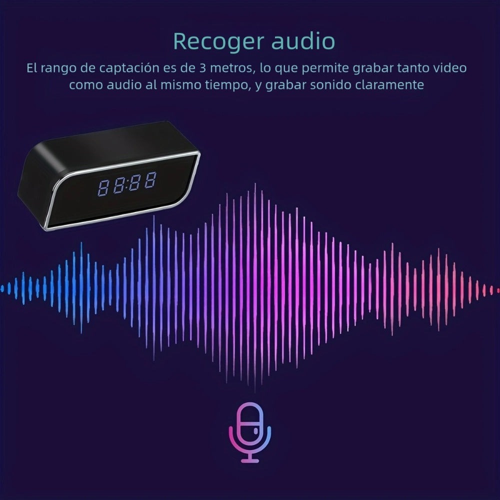 Cámara de reloj HD 1080P con gran angular de 110 grados y visión nocturna, grabación en bucle y funciones de alarma avanzadas. Cámara de reloj de escritorio WIFI6 con control por aplicación. Adecuada para monitoreo de seguridad interior en hogares, interi