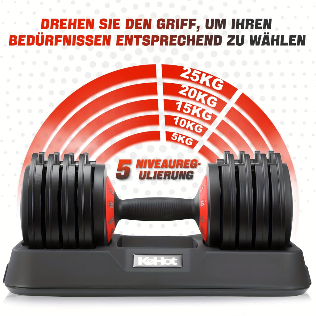 Set de mancuernas ajustables 5 en 1 | Ajuste rápido de peso con un toque y 5 niveles | Opciones de 12KG/25KG | Entrenamiento de fuerza profesional para gimnasio en casa | Incluye placas de peso y barra corta