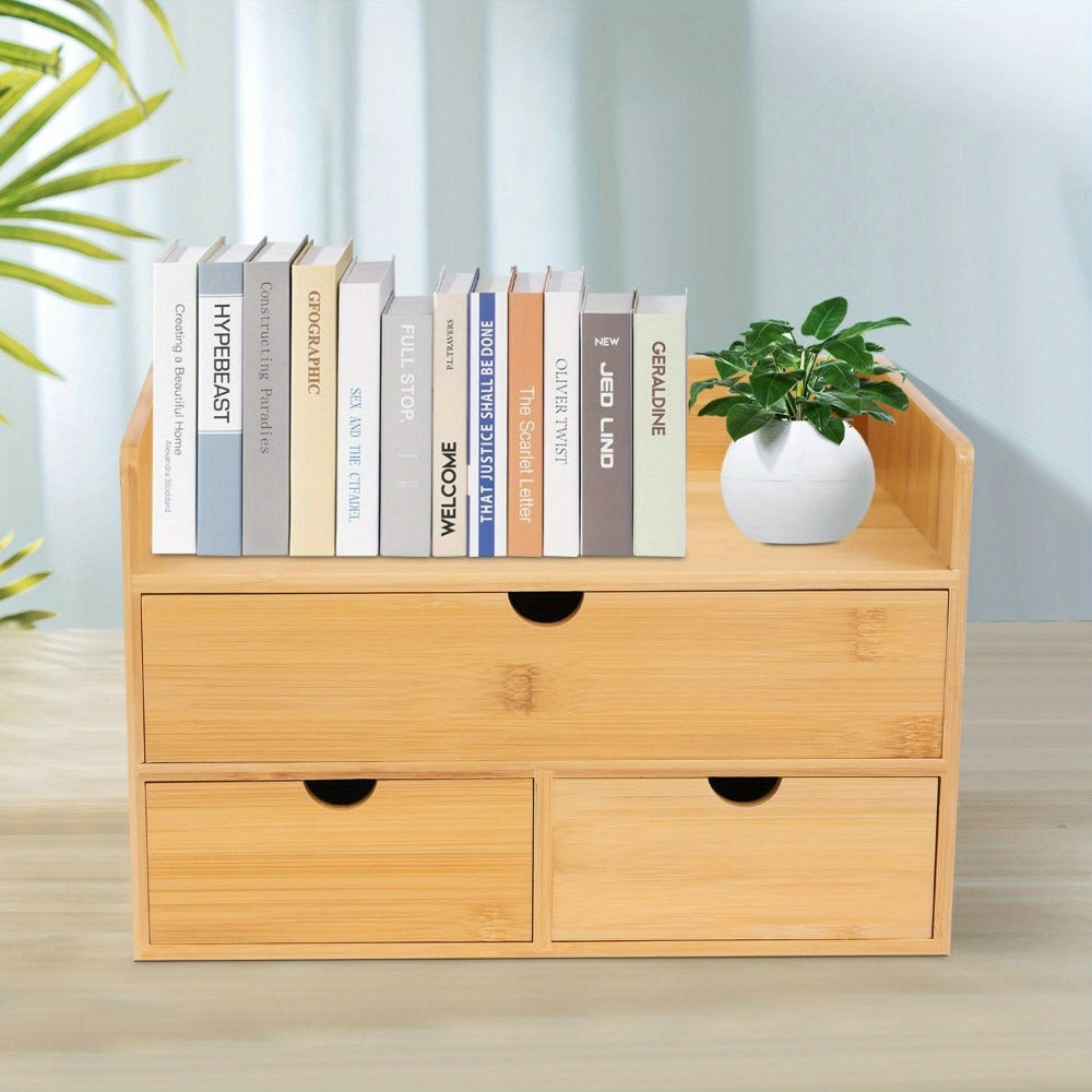 Organizador de escritorio, Organizador de escritorio de bambú con cajón, Caja de escritorio de bambú, Adecuado para guardar diversas cosas de necesidades diarias en habitaciones, oficinas, etc. (3 cajones)