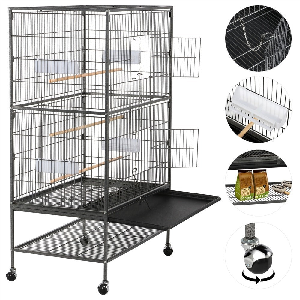 Jaula para pájaros con ruedas, 132 cm de altura, jaula grande para aves, pájaros y loros con compartimento de almacenamiento