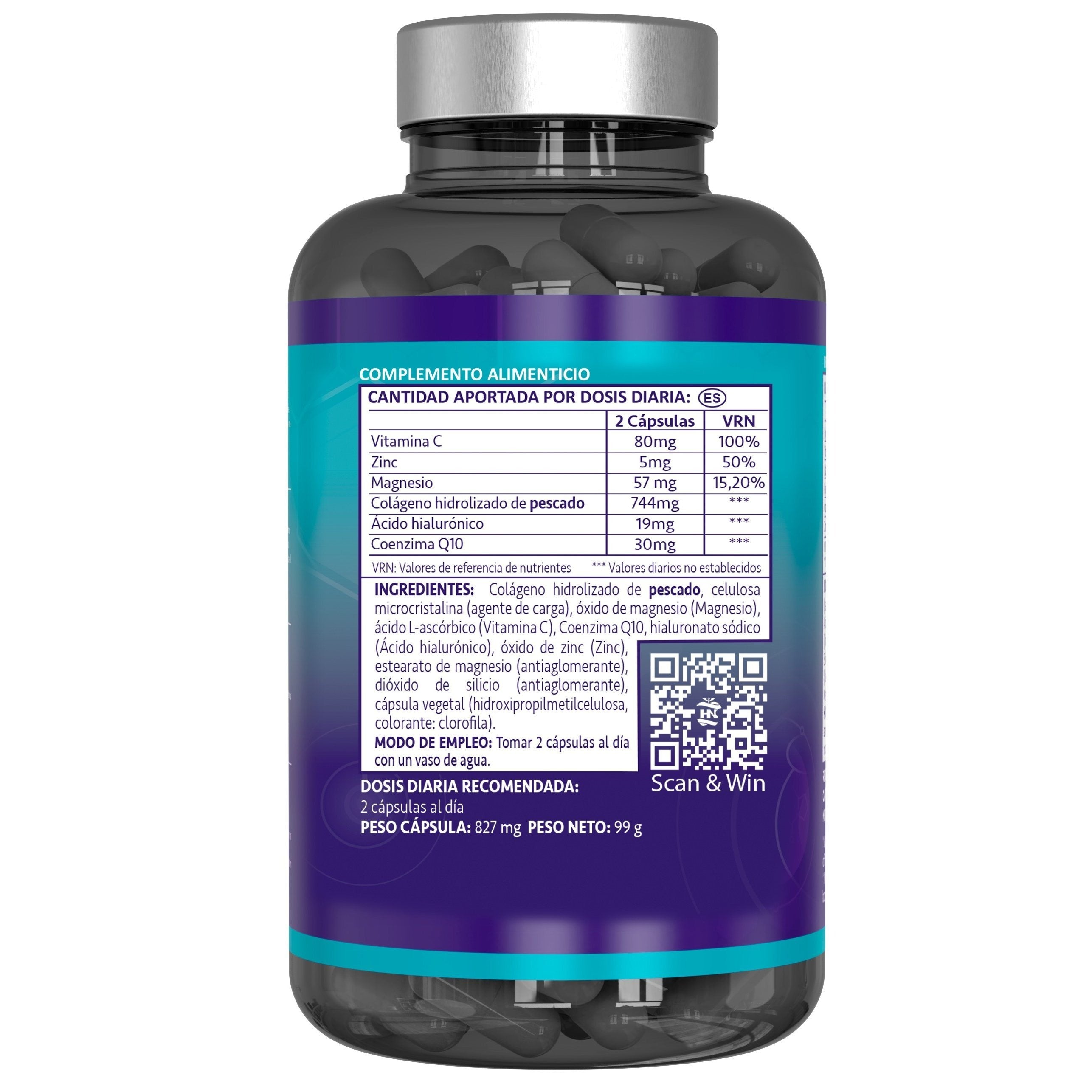 Colágeno Marino Hidrolizado con Ácido Hialurónico, Coenzima Q10, Vitamina C y Zinc | 120 Cápsulas | Suministro para 2 Meses