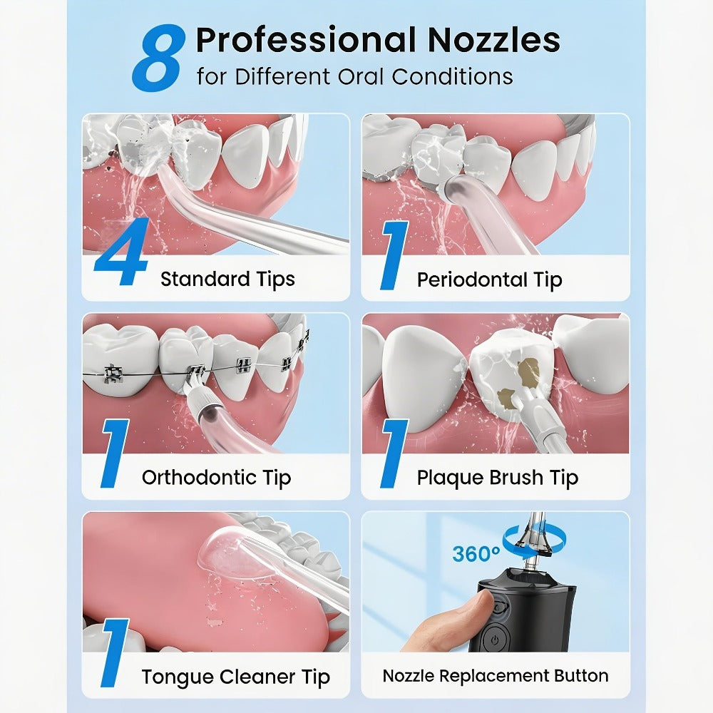Irrigador bucal portátil recargable, hilo dental con agua para dientes, irrigador dental inalámbrico profesional 8 boquillas 5 modos, IPX7 a prueba de agua 300ML para limpiar los dientes, hogar y viaje