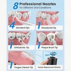 Irrigador bucal portátil recargable, hilo dental con agua para dientes, irrigador dental inalámbrico profesional 8 boquillas 5 modos, IPX7 a prueba de agua 300ML para limpiar los dientes, hogar y viaje