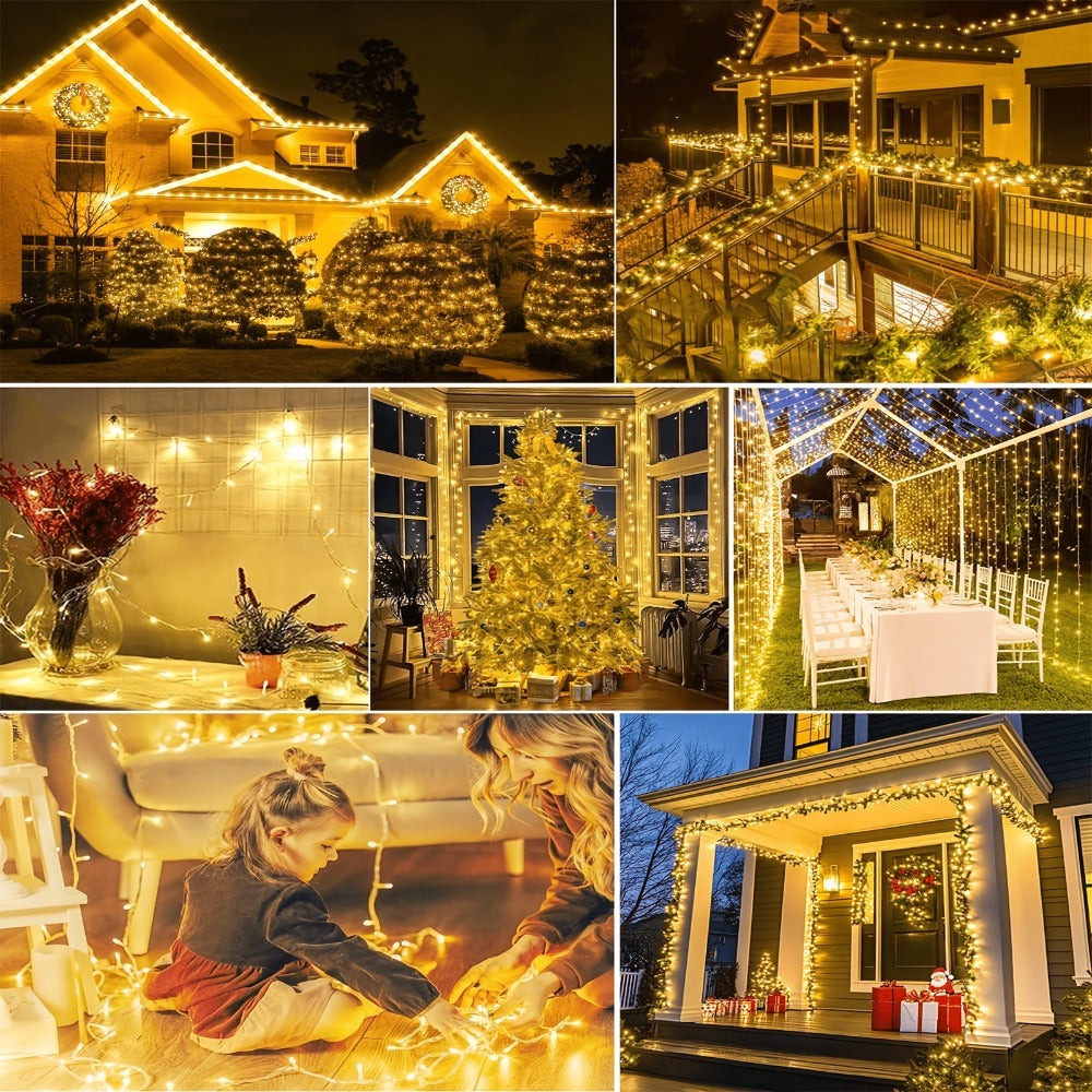 Guirnaldas de luces de hadas para exterior de 60+3 m, 700 LED de luz cálida con 8 modos, control remoto, temporizador y función de memoria, aptas para exterior e interior, bodas, fiestas