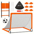 El conjunto de porterías de fútbol incluye 2 porterías negras, una pelota de fútbol tamaño 4, una bomba de aire, una escalera de agilidad y conos marcadores