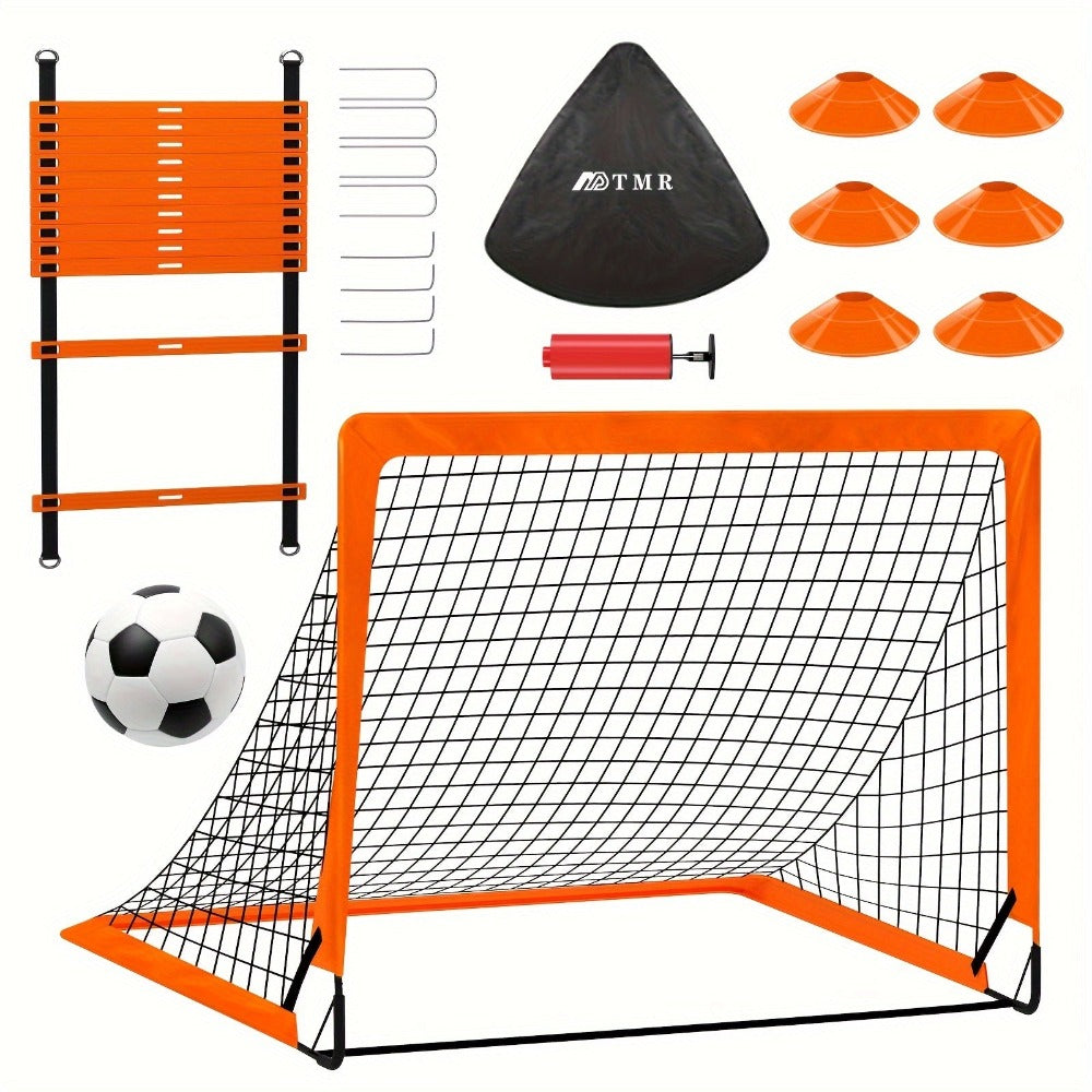 El conjunto de porterías de fútbol incluye 2 porterías negras, una pelota de fútbol tamaño 4, una bomba de aire, una escalera de agilidad y conos marcadores