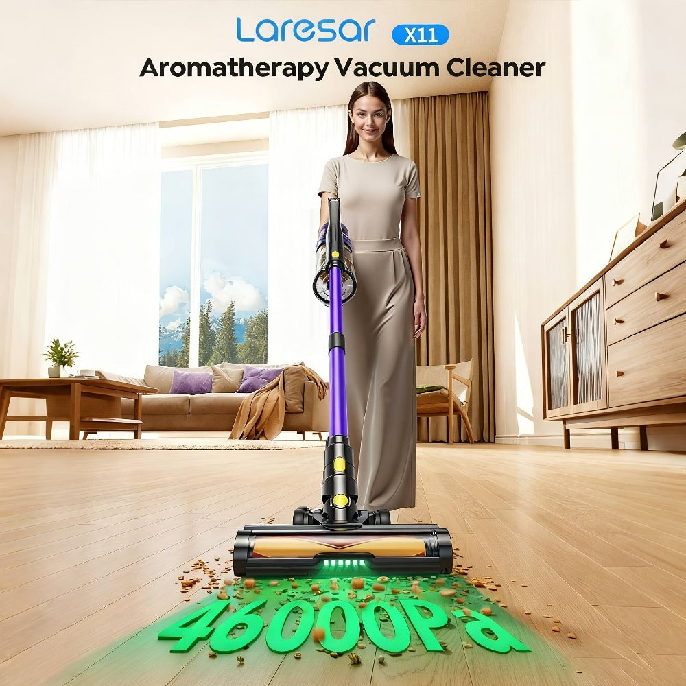 Laresar X11 Aspiradora Inalámbrica 550W/46Kpa para el hogar, Aspiradora de varilla anti-enredos de 60 minutos, Aspiradora recargable de doble mano ligera con aromaterapia para pelo de mascotas, alfombras y pisos, limpieza de primavera
