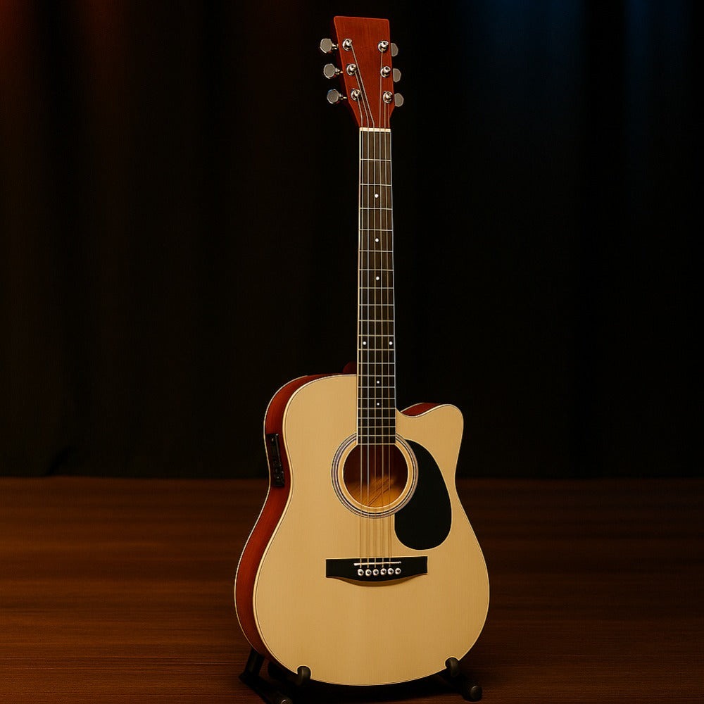 BAKAJI Guitarra Acústica Eléctrica de 41 Pulgadas con Estuche, Kit de Reemplazo de Cuerdas, Púas, Cable de Amplificador y Correa, Guitarra Folk Cutaway para Adultos y Principiantes