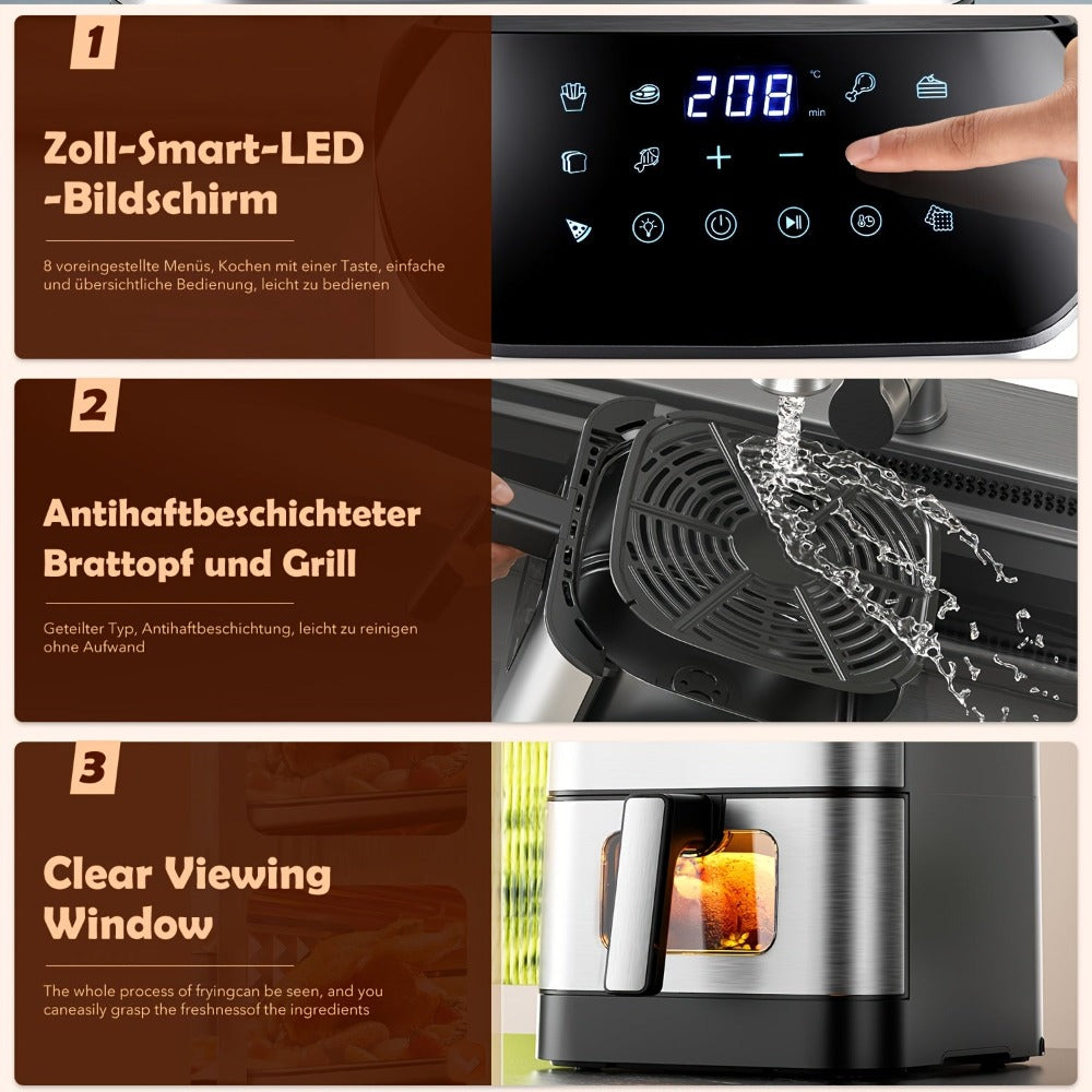 Freidora de Aire XXL de 8L con Ventana de Visualización, Freidora sin Aceite, Temperatura Ajustable 80°C-200°C, 10 Perfiles con un Toque, Control Digital, Cesta Antiadherente, Freidora de Aire Estilo Ninja