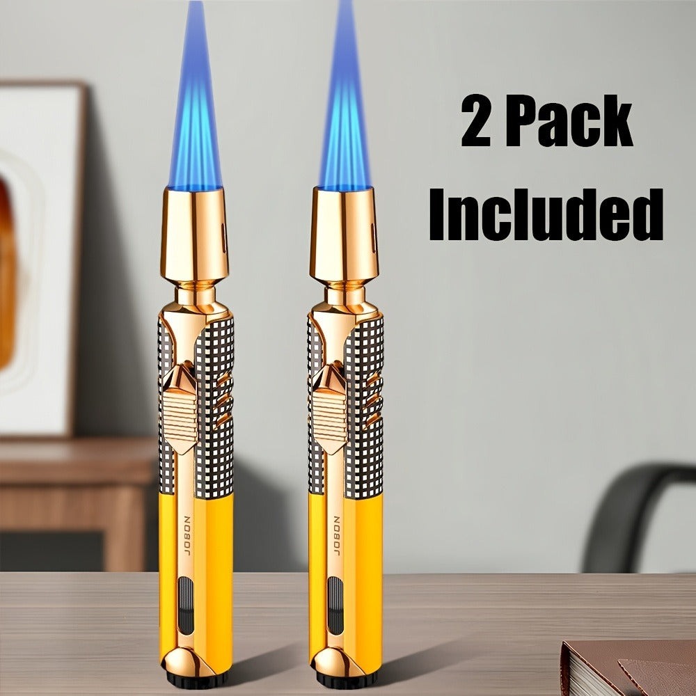 Paquete de 2 sin combustible incluido - Encendedor de chispa de combustible recargable a chorro de triple llama azul a prueba de viento de aleación de zinc, lujoso diseño de tubo largo a cuadros con depósito de combustible visible para velas, barbacoa de