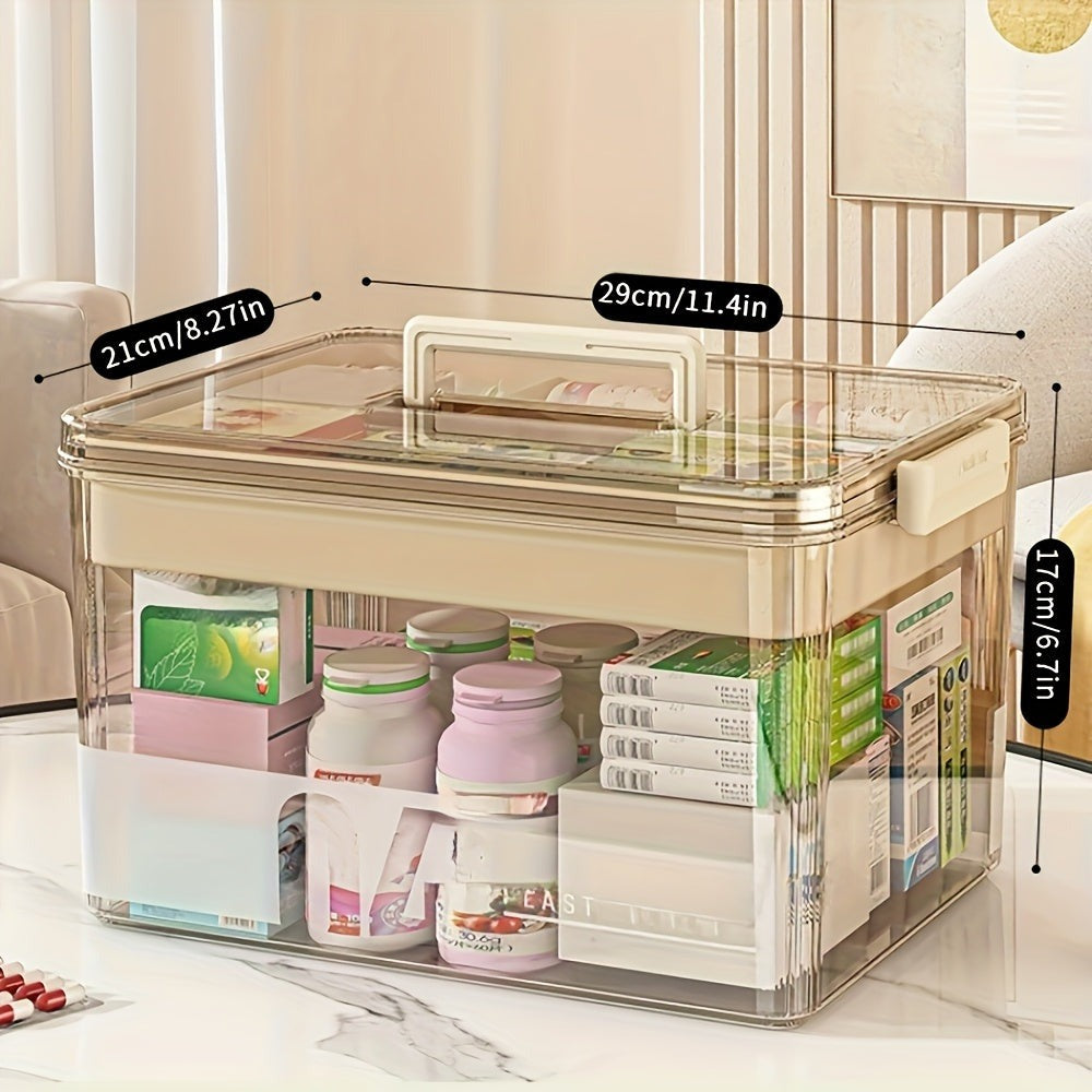 Caja de almacenamiento de medicamentos transparente de gran capacidad con asa y tapa, impermeable, adecuada para cajas de almacenamiento de varias capas para artículos esenciales del hogar y la oficina.
