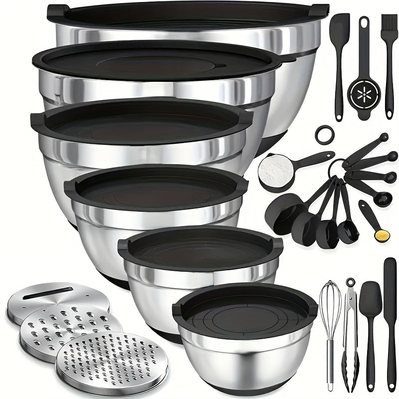 Juego de Tazones para Mezclar de Acero Inoxidable con Cubierta Sellada, Accesorio Rallador, Fondo Antideslizante - 26 piezas Tamaños 5QT, 4.5QT, 3QT, 2.5QT, 2QT, 1.5QT - Ideal para Mezclar y Servir