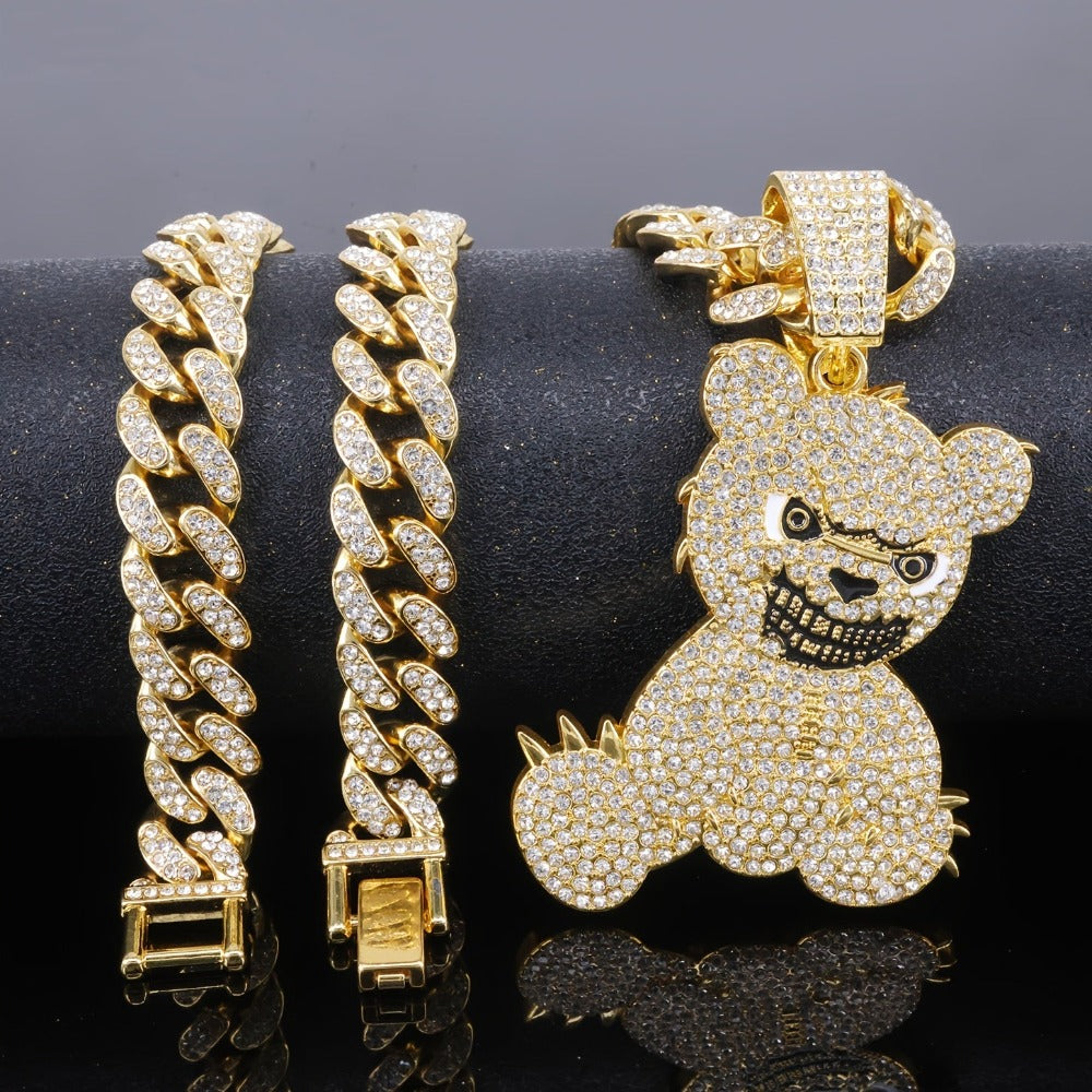 1pc Colgante de Oso Teddy Dominante y Fresco, Acompañado de Collar Cubano de Zirconia Cúbica Sintética de 50cm, Uso Diario Urbano, Joyería Hip-hop, Accesorios para Fiestas, Adecuado para Hombres y Mujeres en Uso Diario y como Regalo