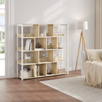 Estantería de Oficina, Estante de Almacenamiento, Estante de 4 Niveles, Estantería de 14 Compartimentos, Adecuada para Oficinas, Estudios y Salas de Estar, 120x30x120 cm, Color Madera Quemada/Veta de Madera Clara + Blanco