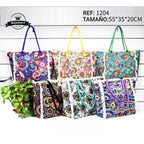 MEJORADA Bolso de Playa Grande con Estampado Colorido y Flecos, Estilo Tote con Forro Interior, Tamaño 55x35x20 cm - Ideal para Playa, Piscina y Viajes
