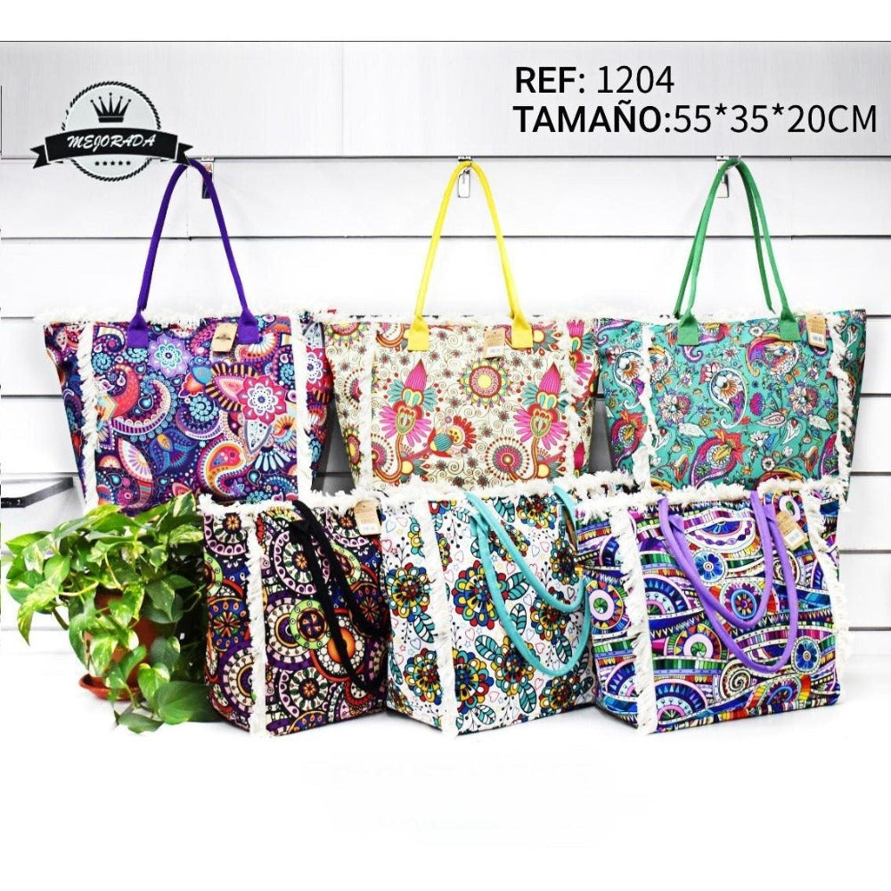 MEJORADA Bolso de Playa Grande con Estampado Colorido y Flecos, Estilo Tote con Forro Interior, Tamaño 55x35x20 cm - Ideal para Playa, Piscina y Viajes