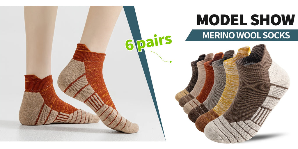Seis pares de calcetines tobilleros de lana merino, ideales para senderismo y running. Estos calcetines de trabajo ofrecen soporte de compresión, absorben el sudor y son transpirables con un amortiguamiento grueso. Son de corte bajo y están diseñados para