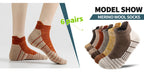 Seis pares de calcetines tobilleros de lana merino, ideales para senderismo y running. Estos calcetines de trabajo ofrecen soporte de compresión, absorben el sudor y son transpirables con un amortiguamiento grueso. Son de corte bajo y están diseñados para