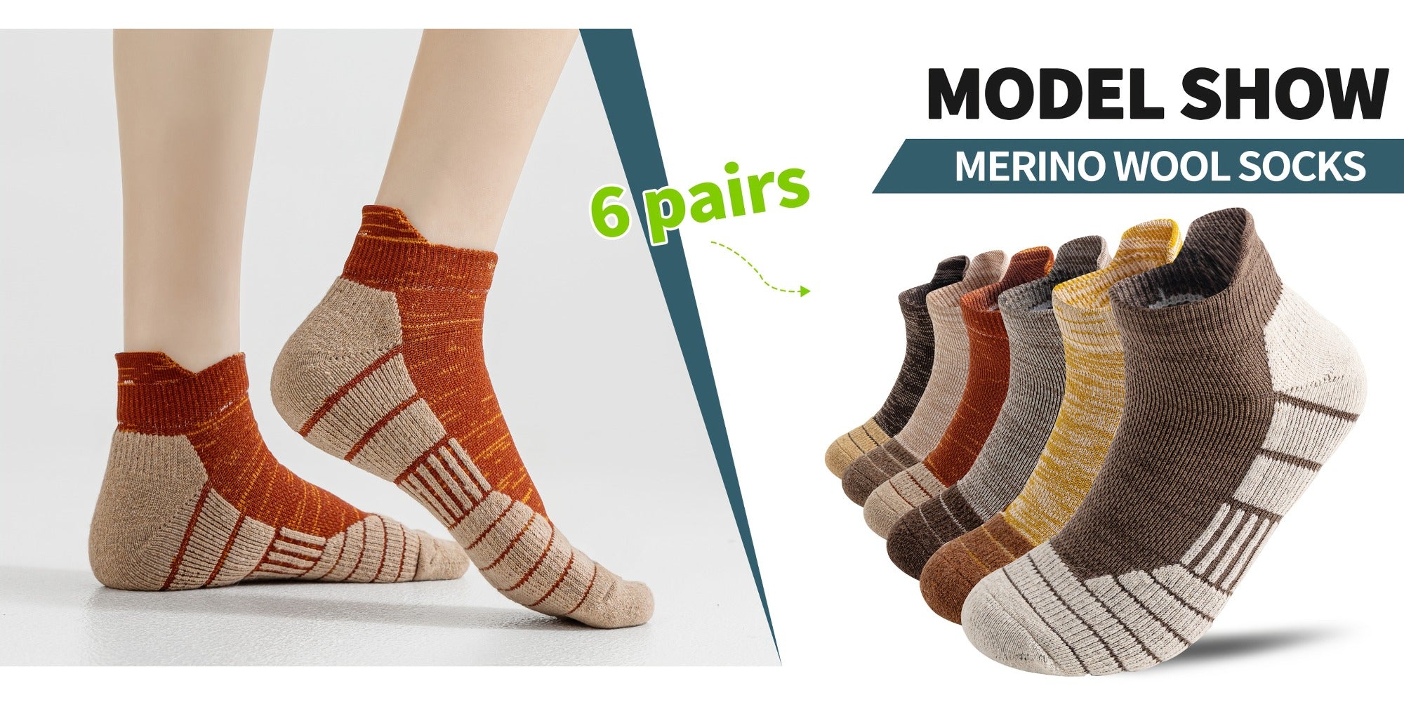 Seis pares de calcetines tobilleros de lana merino, ideales para senderismo y running. Estos calcetines de trabajo ofrecen soporte de compresión, absorben el sudor y son transpirables con un amortiguamiento grueso. Son de corte bajo y están diseñados para