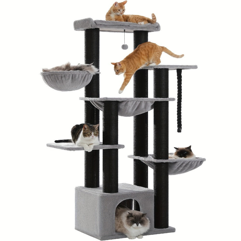Árbol para Gatos Grande - Torre para Gatos de 170 cm de Altura para Gatos Adultos de Interior con 13 Postes de Rascado Negros Gruesos (10.9 cm), Condominio para Gatos de Múltiples Niveles, Plataforma Súper Grande y Hamacas para Maine Coon de 9 kg