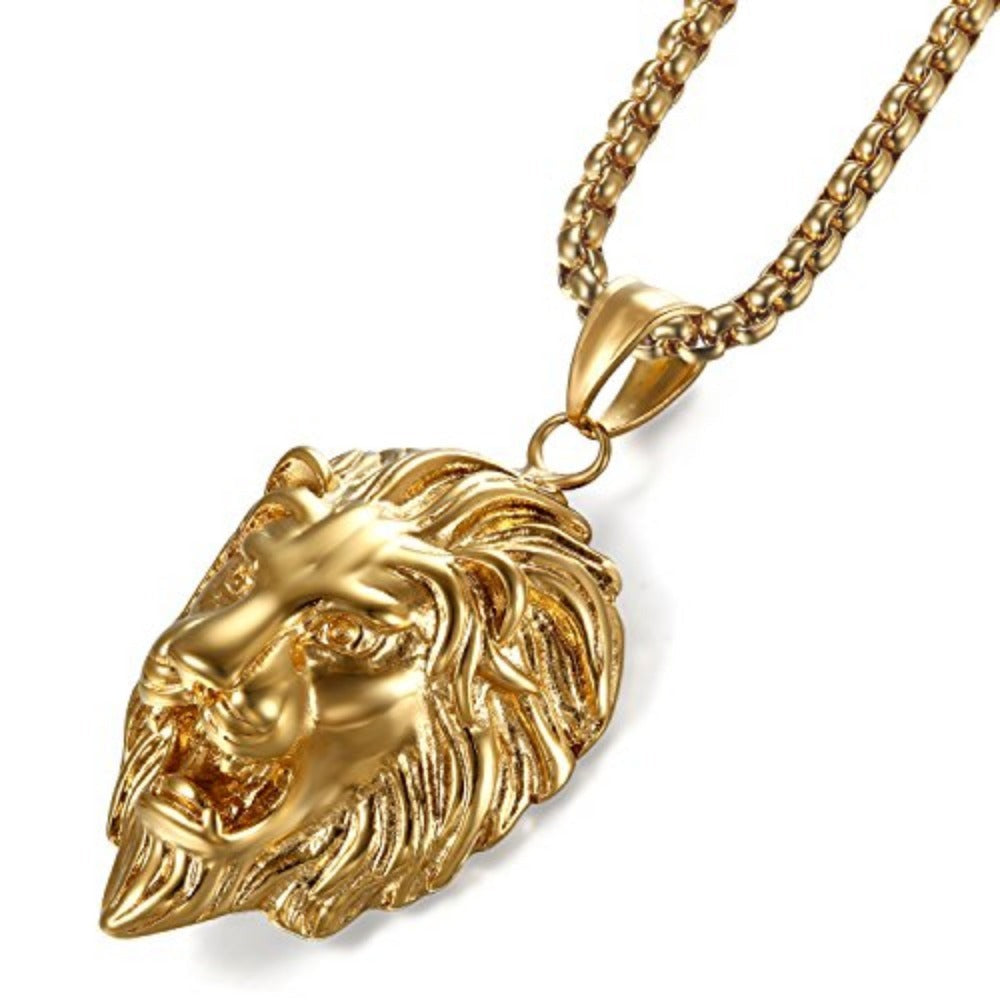 Collar de Acero Inoxidable para Hombres con Colgante Cabeza de León - Cadena Grande y Resistente de 55 cm, Joyería Gótica Biker con Cabezas Realistas e Barba, Uso Diario/Fiesta/Casual Todo el Año – Regalo Ideal para Hombre (Cumpleaños/Navidad)