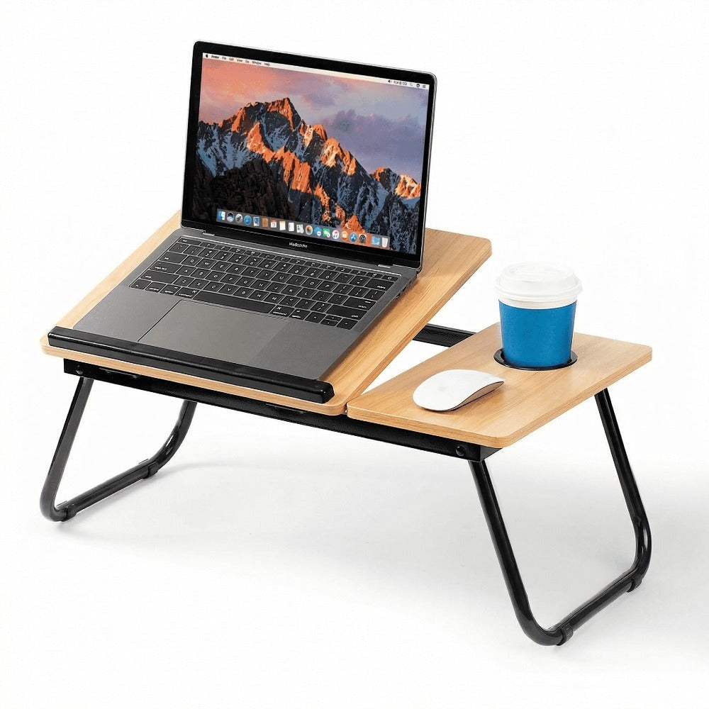 Mesa plegable para cama y sofá con altura ajustable de 5 niveles, bandeja con superficie ajustable y portavasos, mesa pequeña multifunción para ordenador, libros, trabajo y estudio en casa (56x32x25cm)
