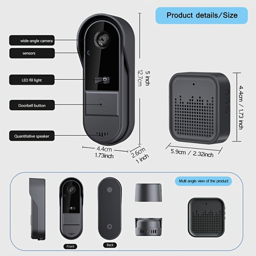 Cámara de Timbre WiFi Inalámbrica con Audio Bidireccional - Resolución HD, Timbre Visual WiFi con Cámara, Timbre Inteligente Inalámbrico Visual - Cámara de Timbre WiFi para Puerta, Visión Nocturna, Cambiador de Voz, Grabación de Fotos y Vídeos, Batería de