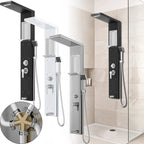 Panel de ducha con accesorios, sistema de ducha 5 en 1 con estante incorporado, juego de ducha multifuncional que incluye ducha de mano, ducha de masaje, ducha de cascada, accesorio de ducha de lluvia, juego de ducha de acero inoxidable 304