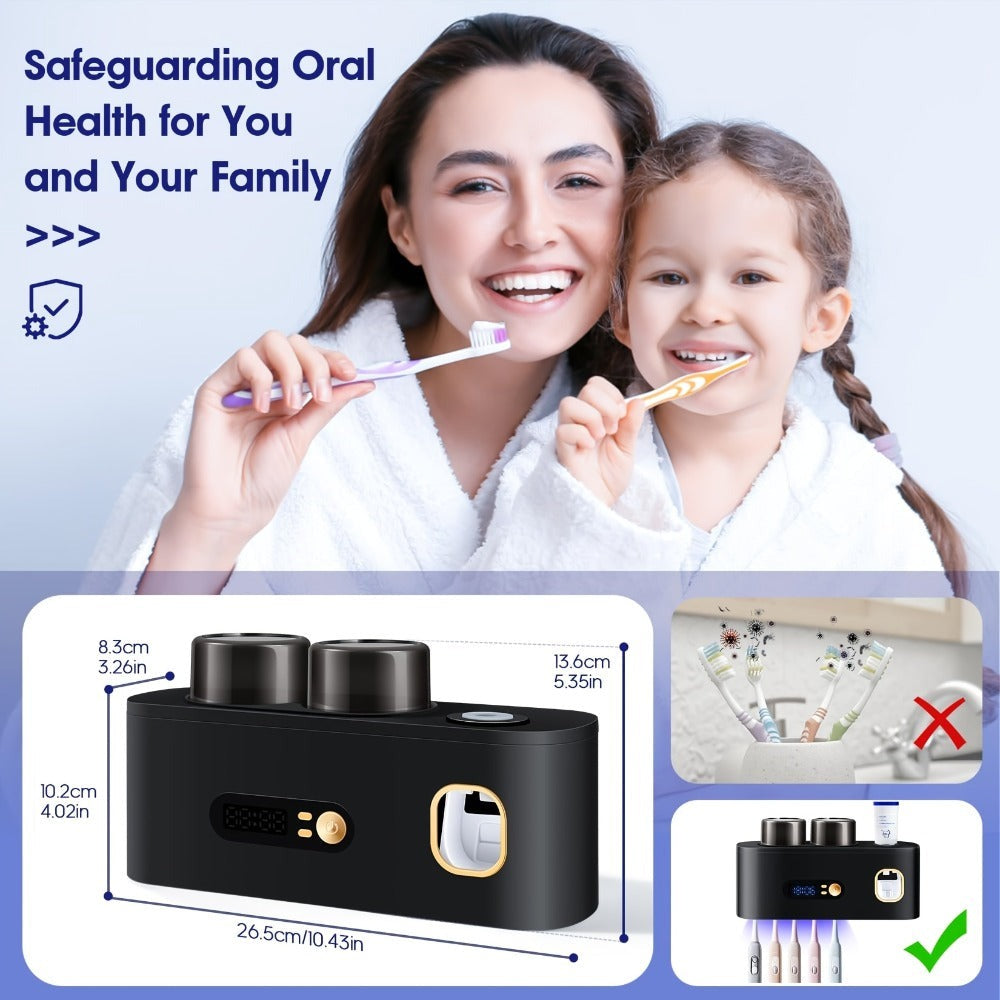 Portacepillos de dientes inteligente de pared automático y dispensador de pasta de dientes con UVC, una operación, panel de visualización, apto para baño, sistema de secado higiénico, ahorra espacio para baños pequeños, exprimidor automático de pasta de d