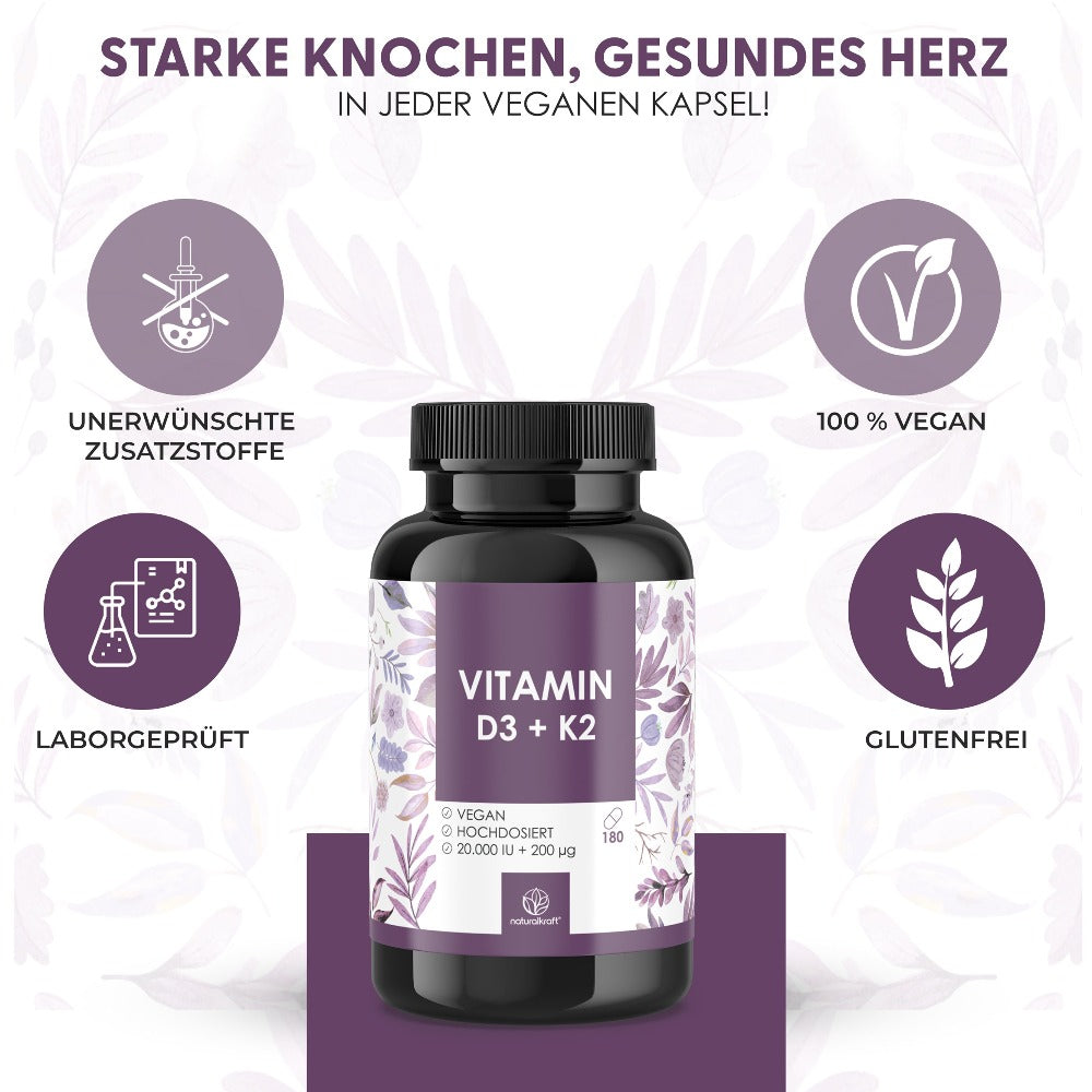 NATURALKRAFT® Vitamina D3 + K2 Premium, 20,000 UI + 200 mcg, Depot (180 Cápsulas, Dosis Alta y Vegana) – Calidad de Marca Alemana