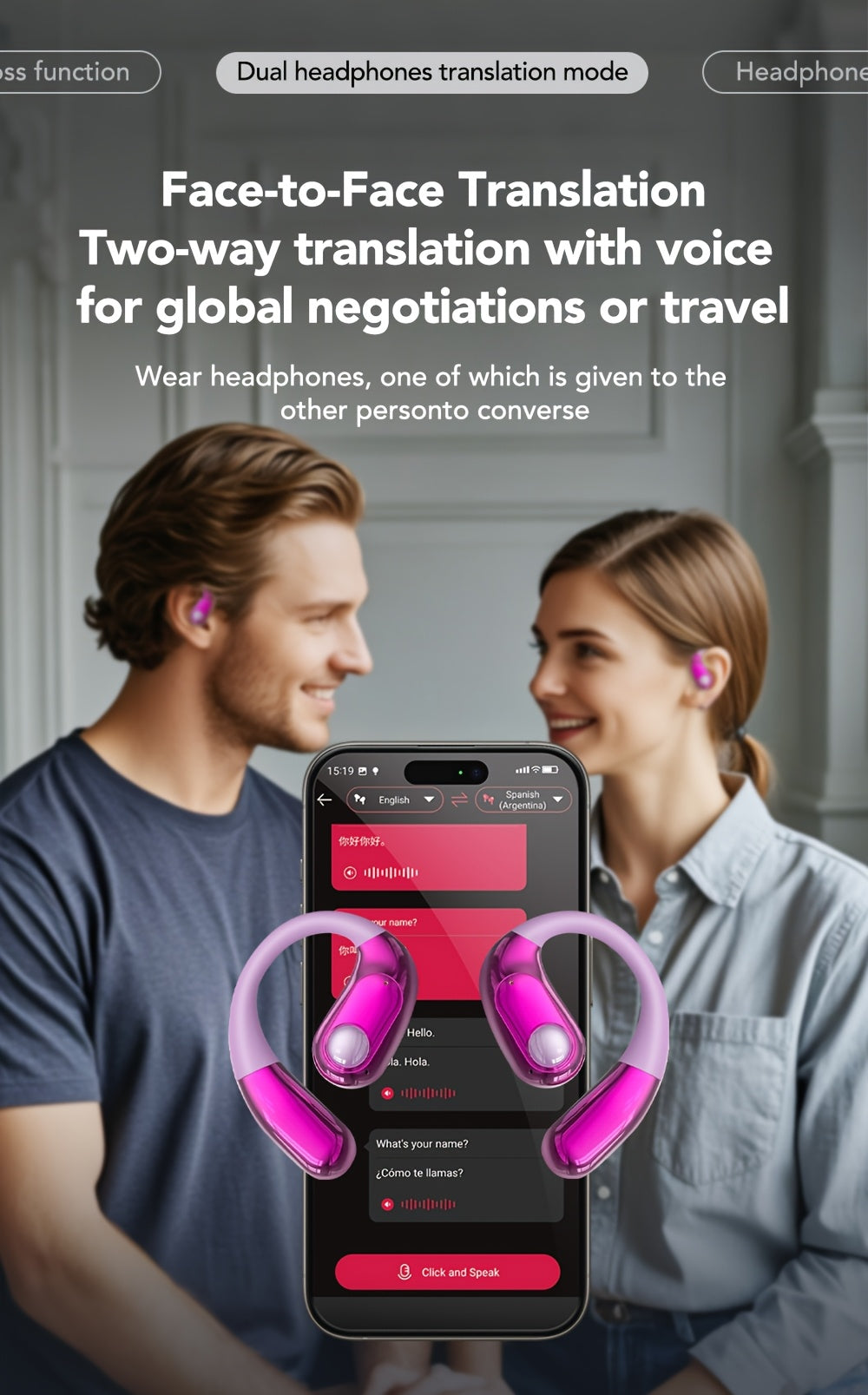 Auriculares Bluetooth | Miniso MS193 Auriculares de Traducción AI: Pantalla Táctil LED, 40 Horas de Batería, Sonido HD de Alta Fidelidad, Modo