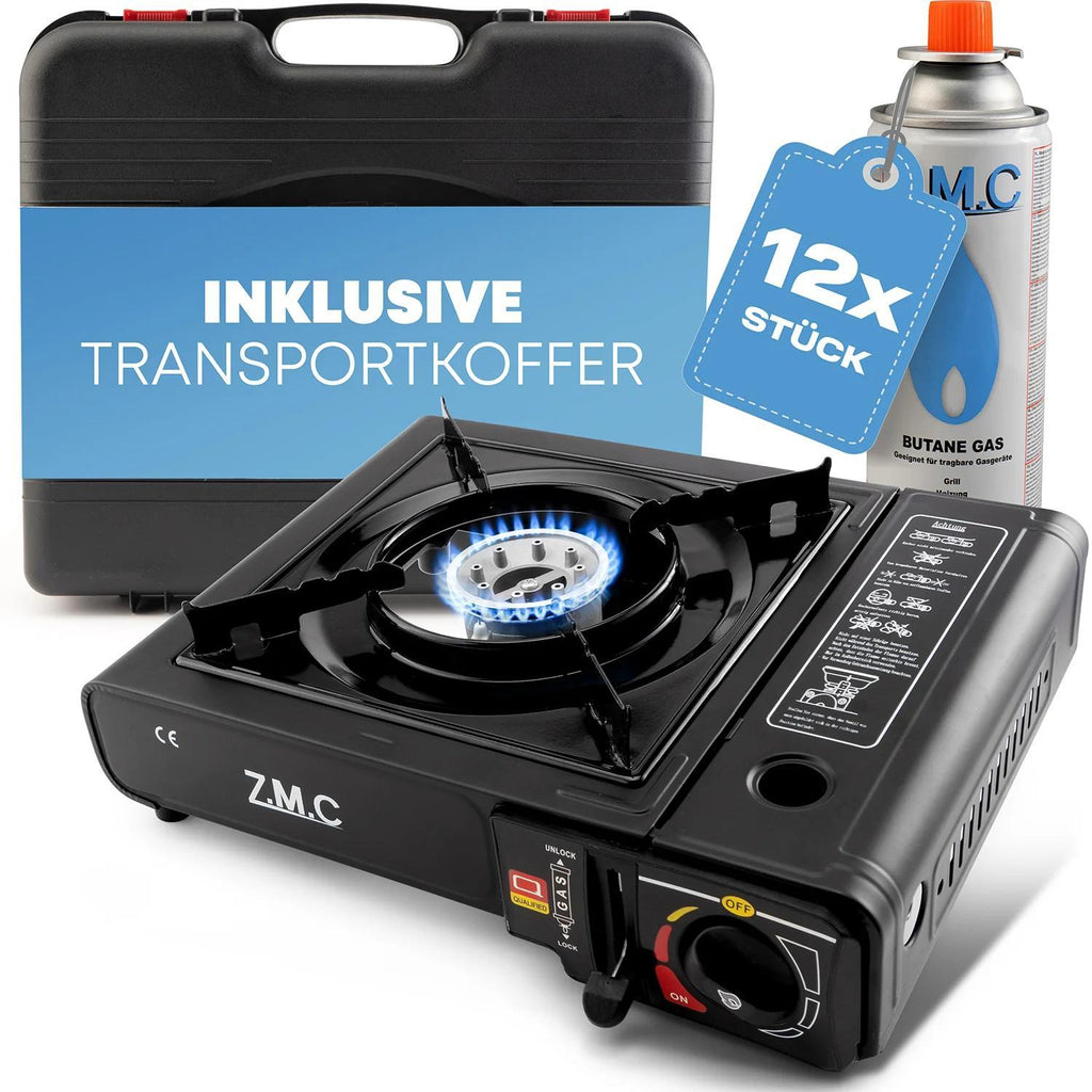 ZMC Estufa de Camping de 1 Quemador 2.2 kW con Encendido Piezoeléctrico, Adaptador para GLP y Estuche de Transporte – Estufa Portátil de Acero Inoxidable para Camping, Exteriores, Jardín, Balcón y Cocina de Emergencia en Interiores | Diseño Robusto, Contr