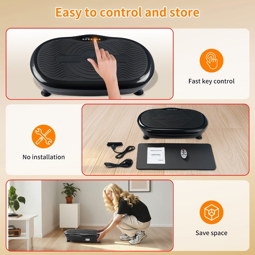 Placa vibratoria inteligente, ajuste de 120 velocidades, motor de 200W, 1 modo manual y 3 modos automáticos, botones de acceso rápido LCD, control remoto + altavoz de música, bandas de resistencia + esterilla de yoga, plataforma de fitness para el hogar p