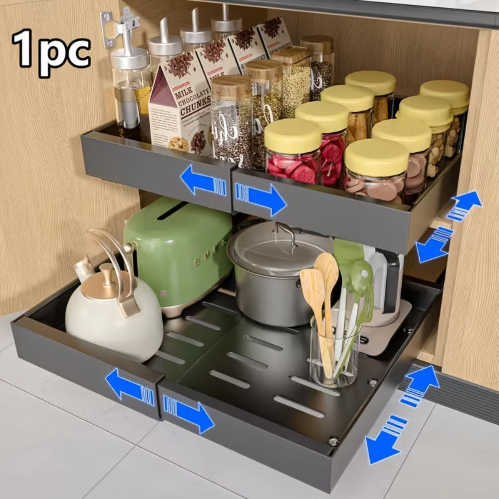 Gabinetes de Cocina Deslizantes con Cajones Extraíbles, 1 Paquete de Estantes Deslizantes de Almacenamiento, Estantes Reforzados de Acero al Carbono para Despensa de Alimentos, Cestas Deslizantes para Fregadero Sin Perforación, Estantes de Gabinete de Fác