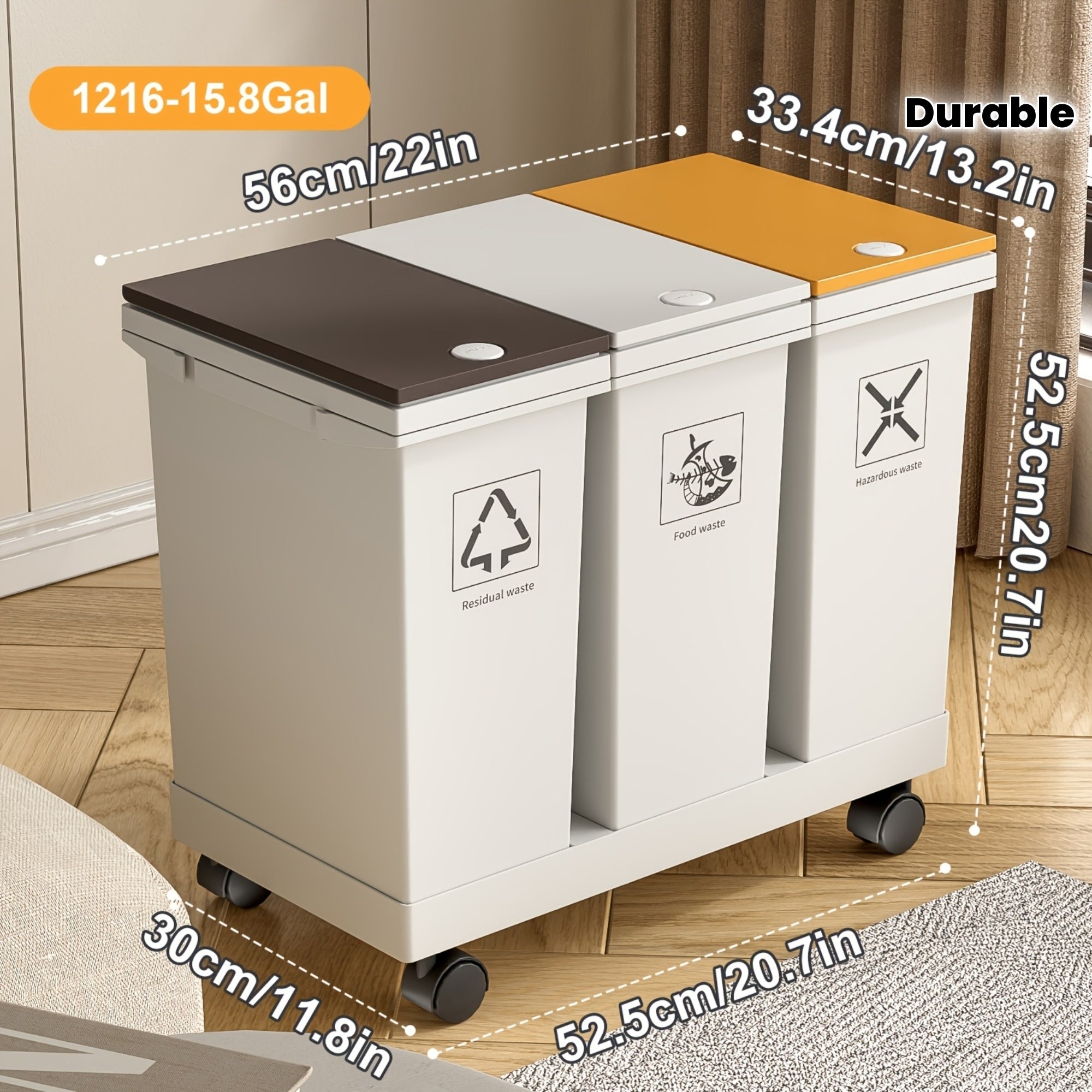 Cubo de basura de cocina de gran capacidad de 60L/36L/24L con compartimentos separados - Con ruedas, resistente a los olores, separación de residuos secos y húmedos, forma rectangular, tapas con botón de presión, fácil de limpiar, gestión de residuos de c