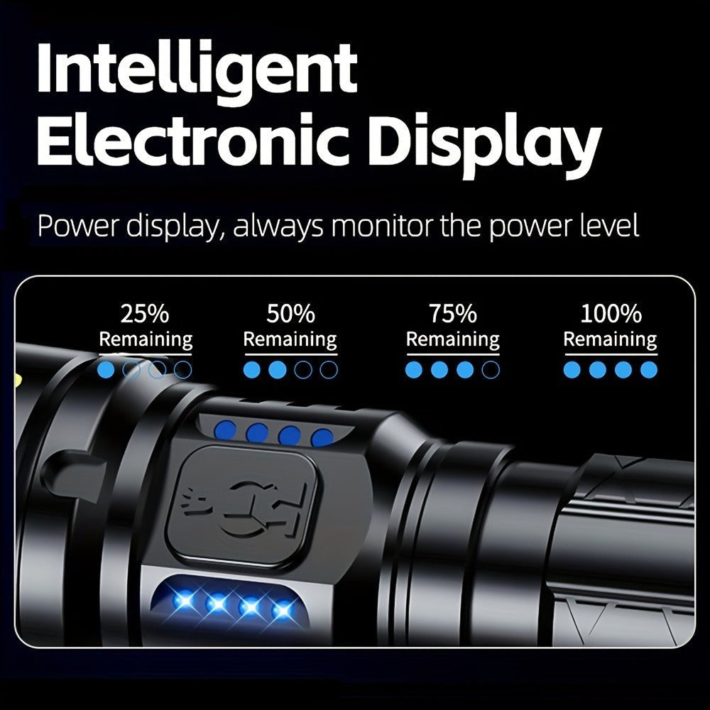 Una potente linterna recargable de alto brillo, con un diseño LED portátil zoomable, cuatro modos de iluminación y un display electrónico inteligente. Ideal para camping, emergencias en el hogar, caza, senderismo y pesca.
