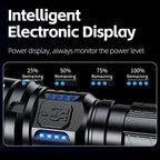 Una potente linterna recargable de alto brillo, con un diseño LED portátil zoomable, cuatro modos de iluminación y un display electrónico inteligente. Ideal para camping, emergencias en el hogar, caza, senderismo y pesca.