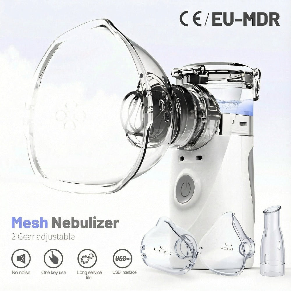 Nebulizador de malla portátil para uso doméstico, nebulizador de mano ultrasilencioso, dispositivo de terapia de aerosol de niebla fina, doble fuente de alimentación (batería y USB, baterías no incluidas), vaso para medicamentos de 8 cc, 2 mascarillas (gr