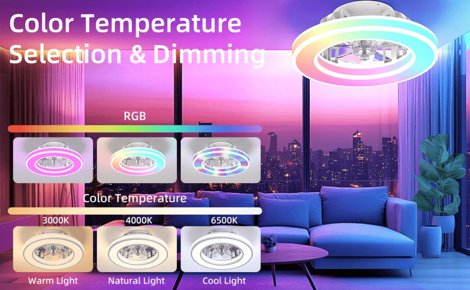 Ventilador de techo con luz de 41.5 cm, ventiladores de techo silenciosos de 25 W, regulable 3000K-6500K-RGB, 6 velocidades de viento con control remoto, temporizador, memoria de luz, ventilador reversible