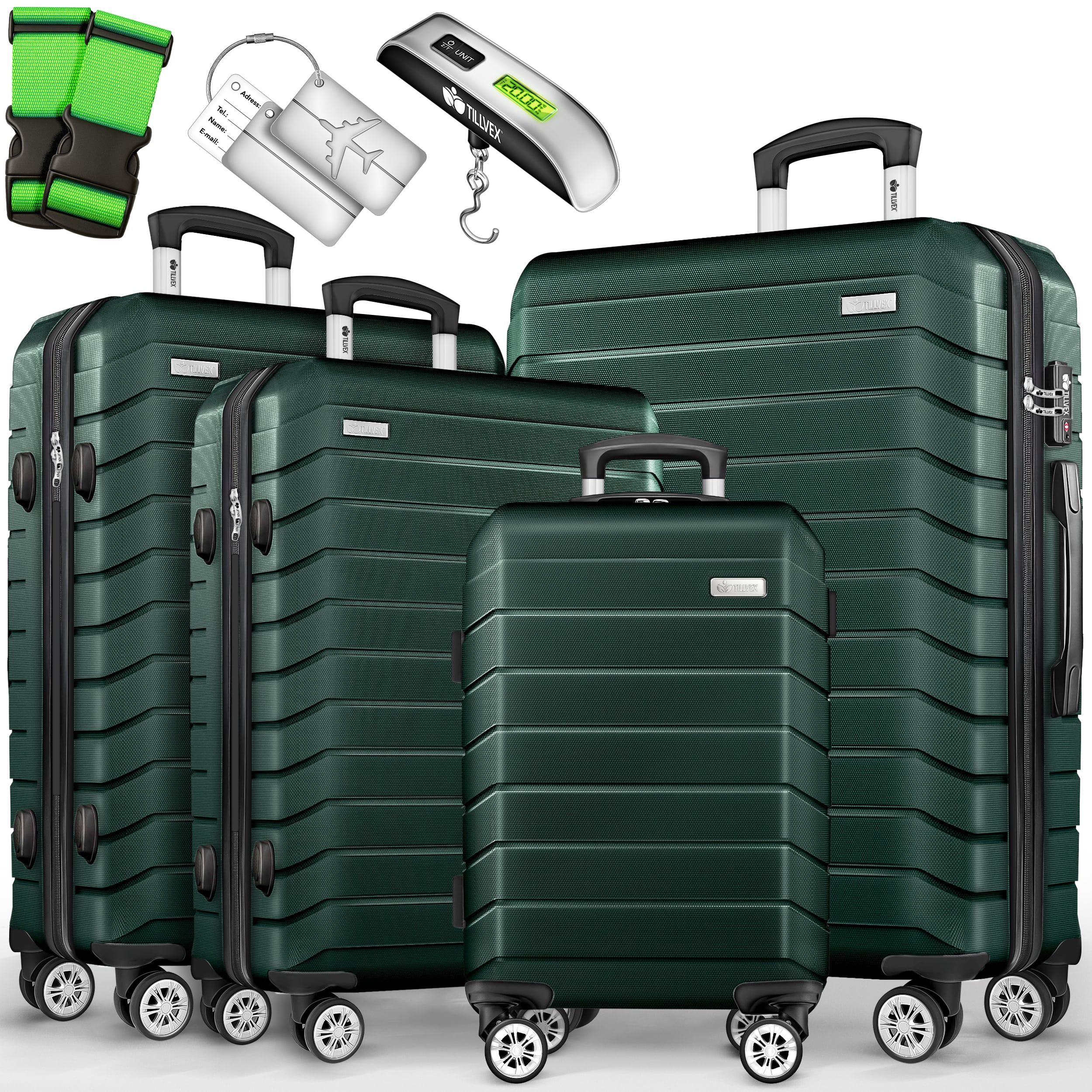 Tillvex® Juego de Equipaje de Viaje con Báscula, Correas y Etiquetas | Maleta de 4 Ruedas | Equipaje con Candado TSA | Juego de Maletas de Carcasa Dura