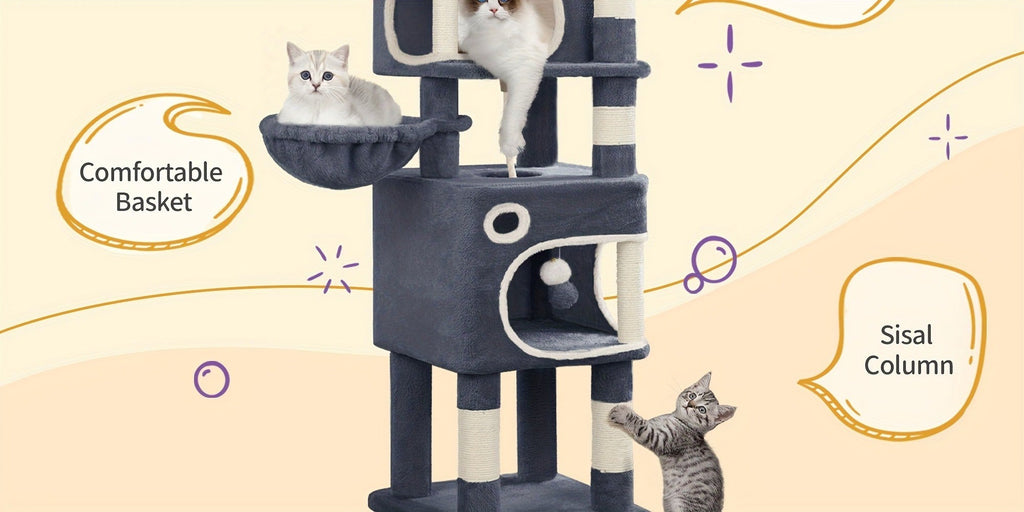 Árbol para Gatos, 159 cm con 8 Postes para Rascar, 3 Plataformas, 2 Cuevas, Cesta, Pelotas de Peluche, Cuerda de Sisal, Adecuado para Gatos de Varios Tamaños, Gris Oscuro