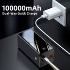 Batería Externa de 100000Mah | Ultra Alta Capacidad y Carga Segura | Pantalla LED y Correa de Cuero | Carga Rápida Multi-Dispositivo | Protección contra Sobrecalentamiento y Sobrecarga | para Android y iOS | Batería de Respaldo de Energía de Emergencia pa